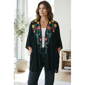 Umgee Embroidered Kimono Cardigan Black Floral Boho Wrap S/M